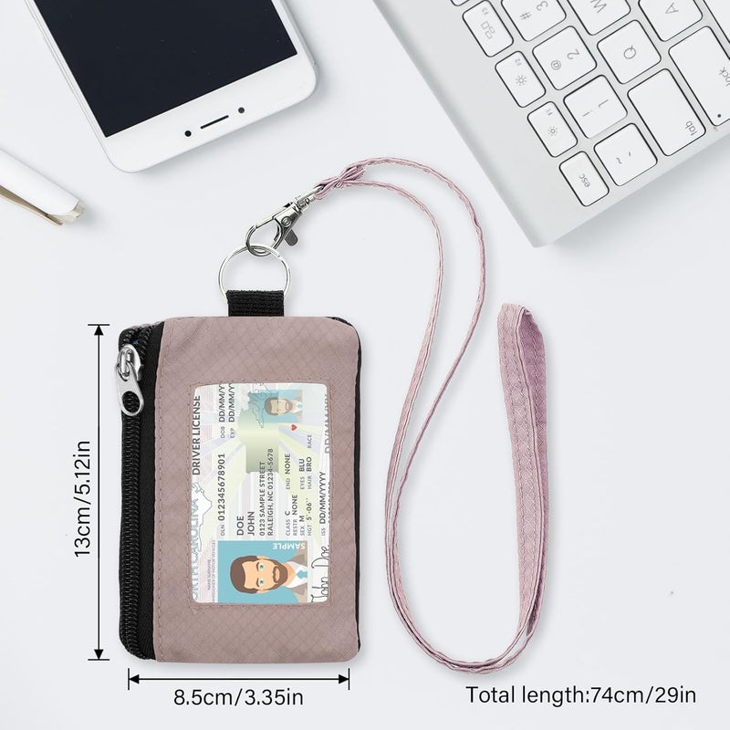 ZHOMA Minimalist Small Wallet for Men Women with 2 Zip Pockets, Multi Functional ID Case with Keychain and Card Holder, Coin Purse Badge Lanyard Pouch for Boys Girls Travel - Gray&Pink - Image 5